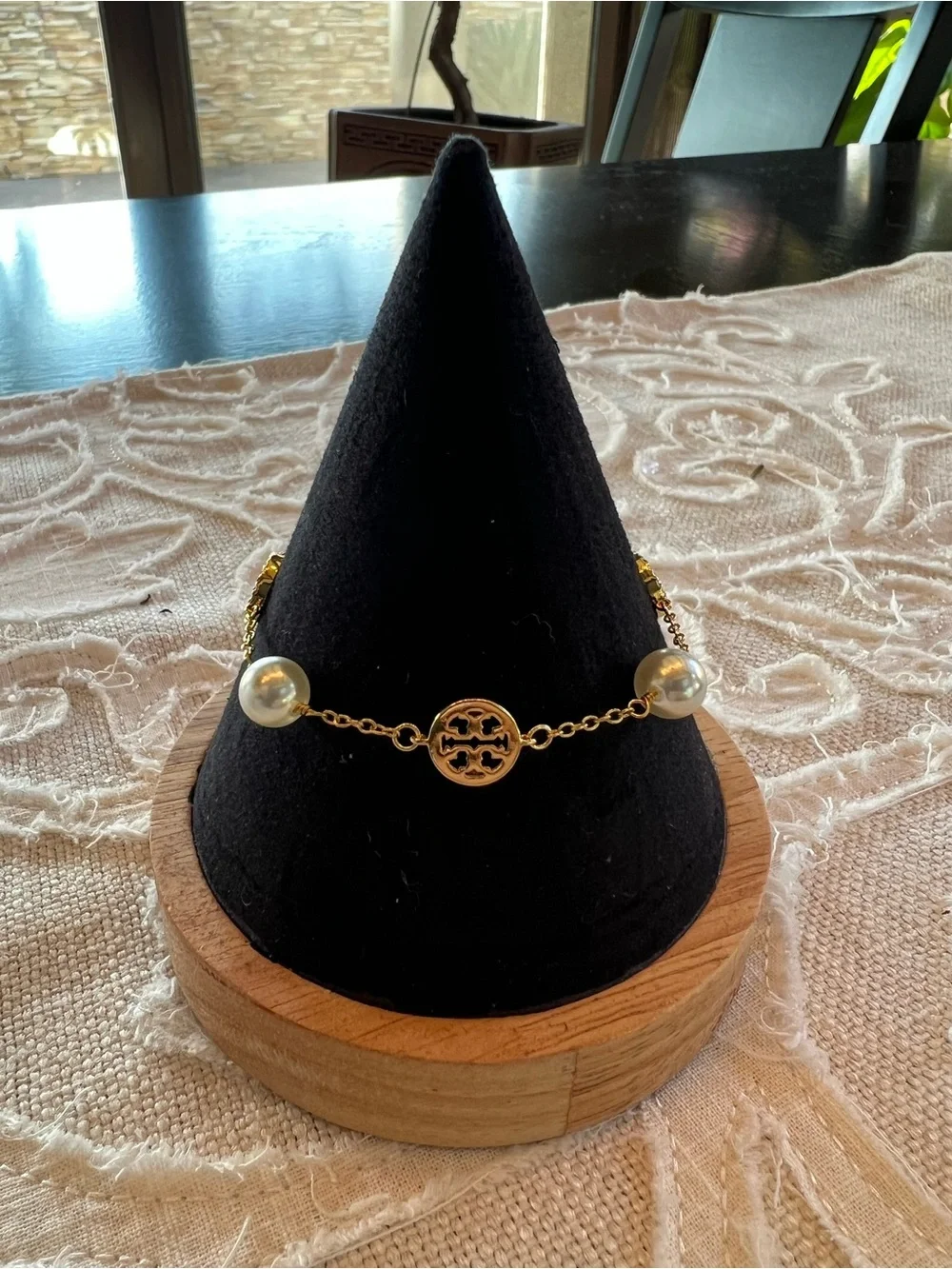 Tory Burch Gold-Tone Pearl Station Bracelet with Logo Discs